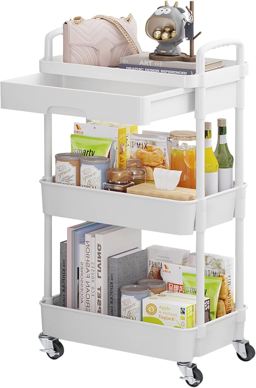 3-Tier Rolling Utility Cart with Drawer,Multifunctional Storage Organizer with Plastic Shelf & Metal Wheels,Storage Cart for Kitchen,Bathroom,Living Room,Office,White